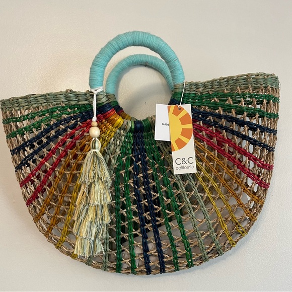 C & C Anthro Natural Straw Tote Bag Rainbow - Picture 1 of 7